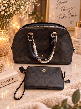Coach Brown Signature Dome Satchel with Pearl-Chain Wristlet